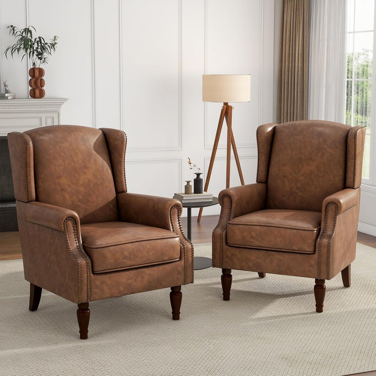 UIXE PU Leather High Back Accent Chairs Set of 2, Upholstered Armchair for Living Room, Retro Wingback Arm Chair Nailhead Trim Single Sofa Bedroom Reading Seat - Brown