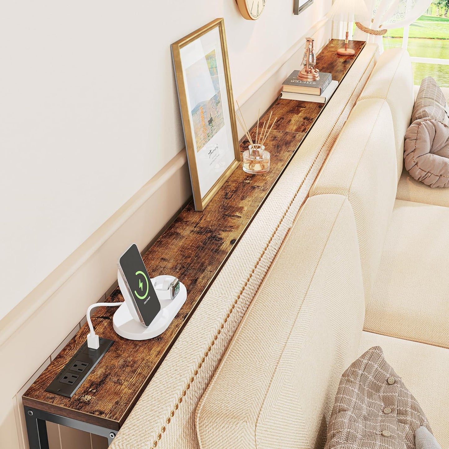 SUPERJARE 78.7 Inch Console Table with Outlet, Sofa Table with Charging Station, Narrow Hallway Entryway Table, Behind Couch Table, for Living Room, Rustic Brown