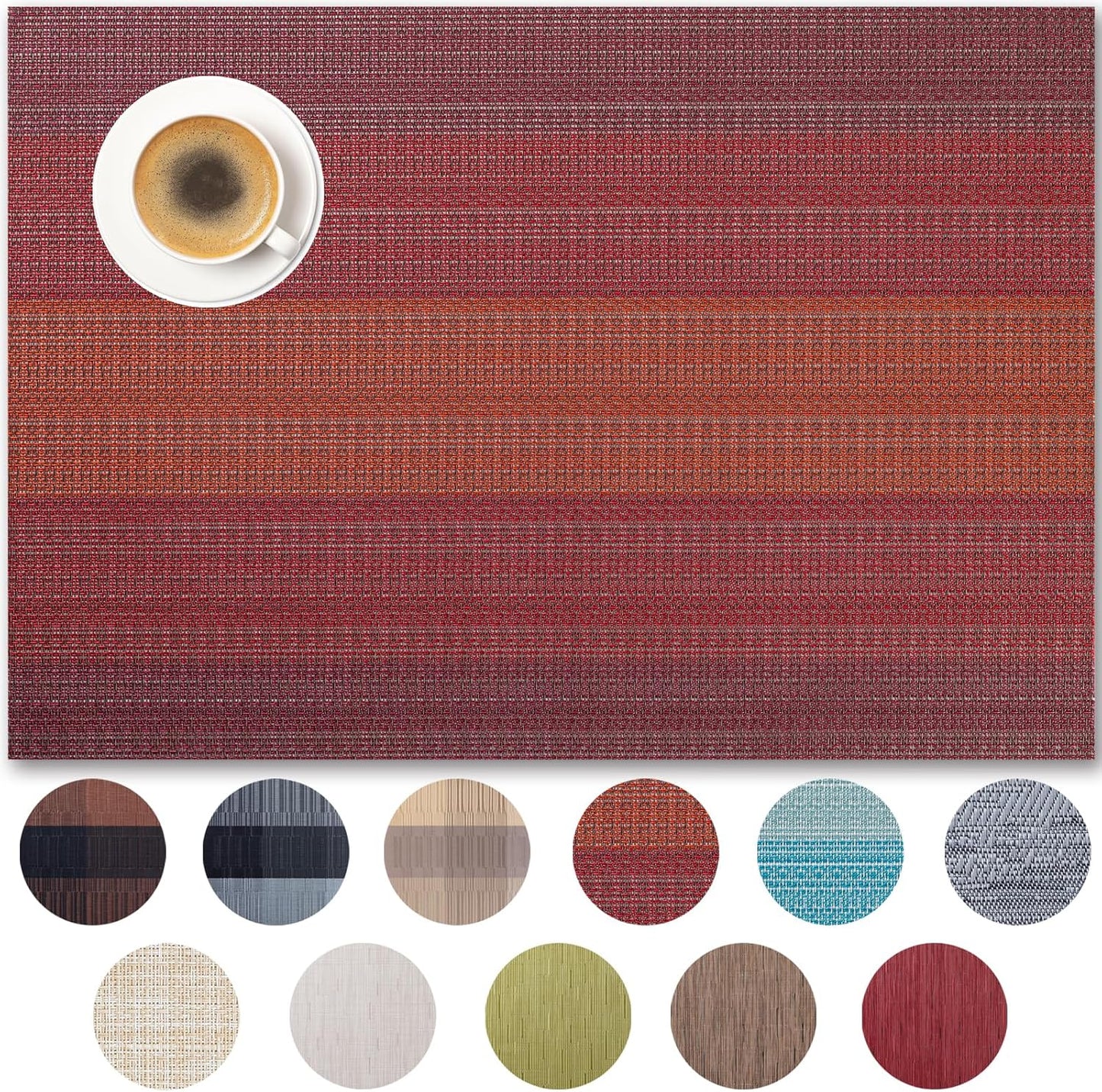 Placemats Set of 12 - Easy Clean Woven Vinyl Placemats for Dining Table, Indoor/Outdoor Place Mats, Washable PVC Table Mats（Pomegranate Parade）