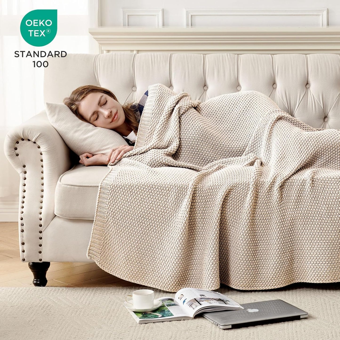 Joydeco Chunky Cable Knit Throw Blanket, Lightweight 100% Organic Cotton Soft Cozy Throw Twin Blanket for Couch Bed and Sofa, Rustic Breathable Farmhouse Blanket Gift for Women Men(Beige, 60"x80")