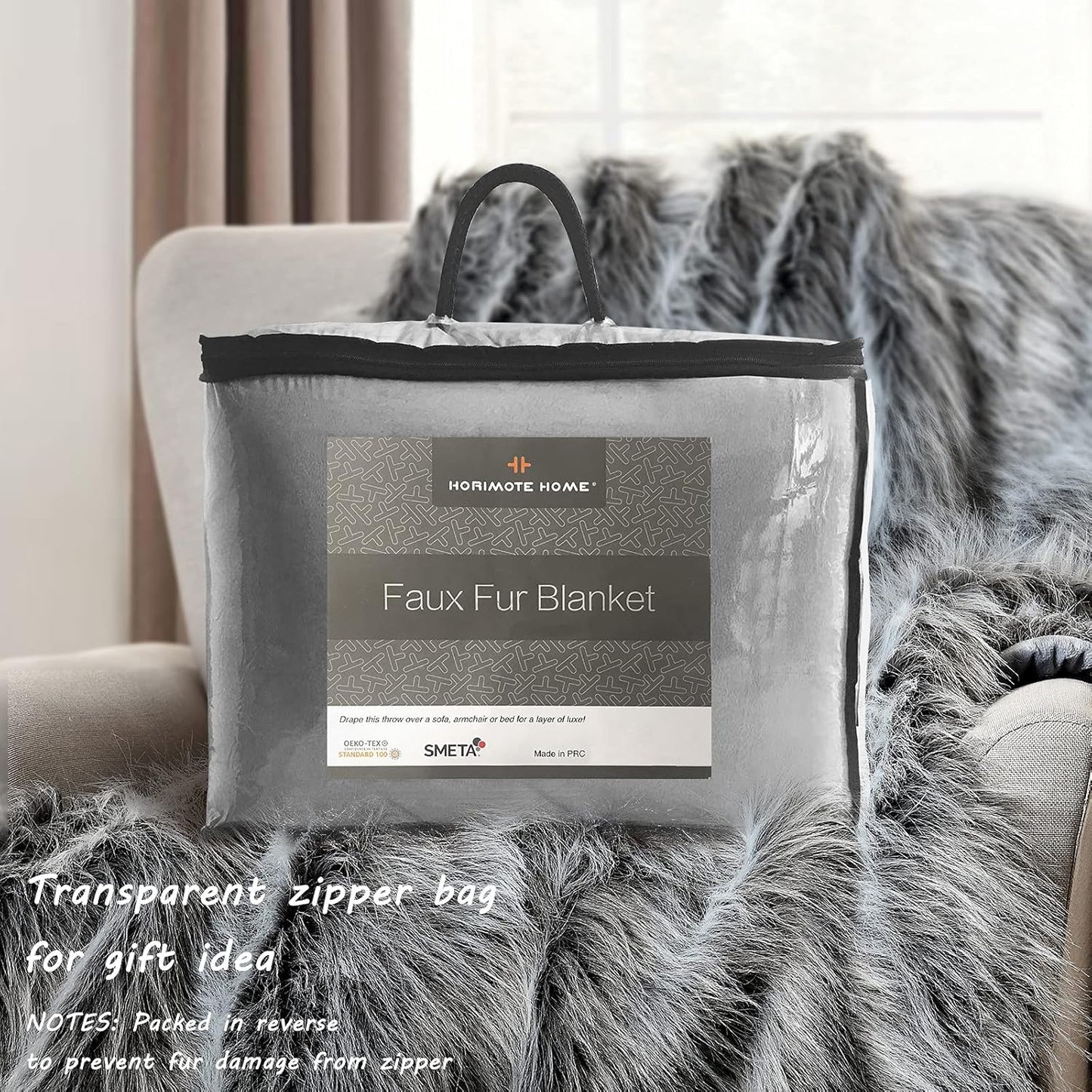 Luxury Faux Fur Throw Blanket, Grey and Black High Pile Mixed Throw Blanket, Super Warm, Fuzzy, Elegant, Fluffy Decoration Blanket Scarf for Sofa, Couch and Bed, 60''x 80''