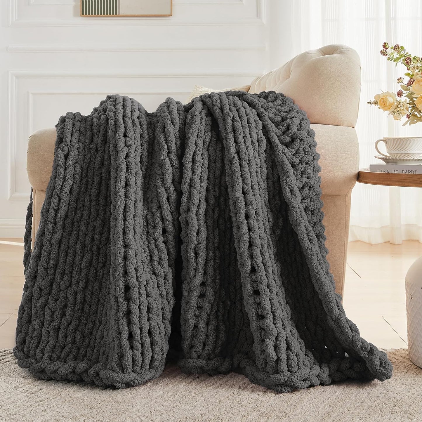 Carriediosa Chunky Knit Throw Blanket 50" X 60", 100% Hand Made Large Chenille Loop Yarn Soft Fluffy Throws for Couch Sofa Bed, Big Crochet Cozy Heavy Thick Cable Woven Blankets, Dark Grey