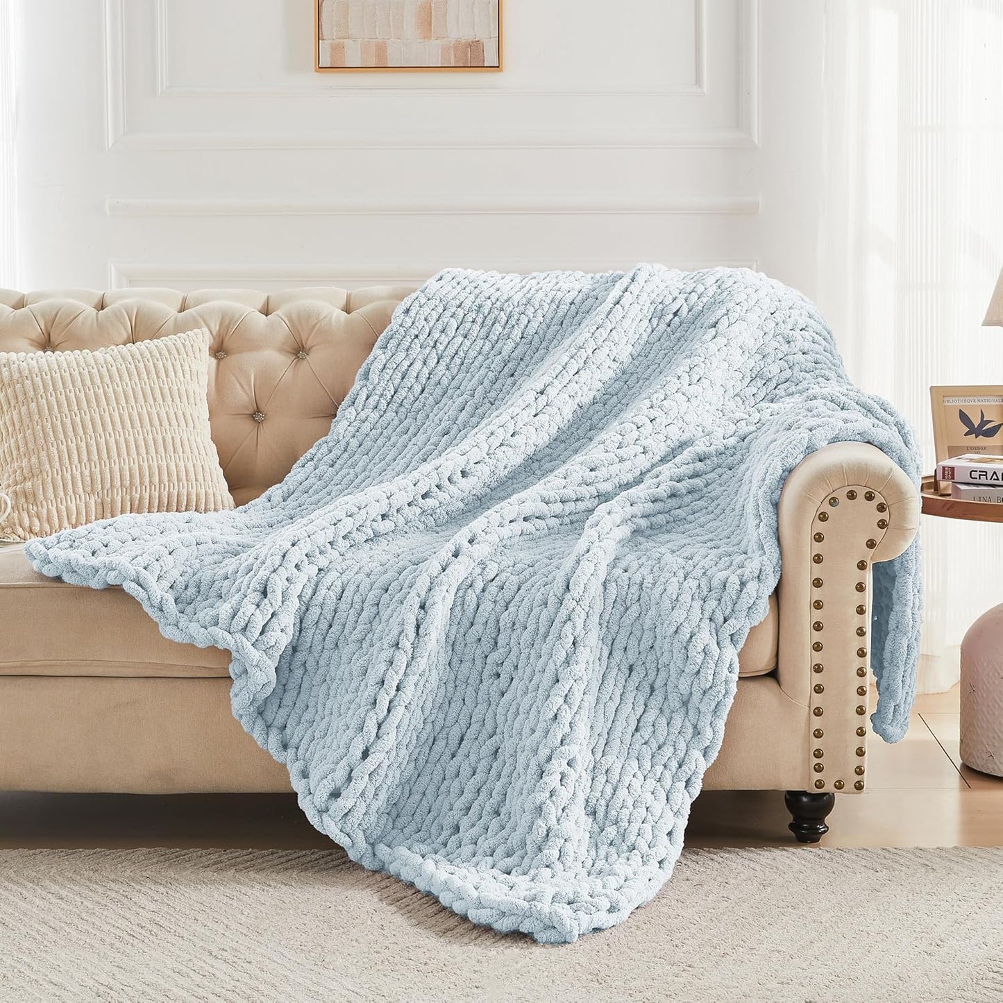 Carriediosa Chunky Knit Throw Blanket 60" X 80" Twin, 100% Hand Made Large Chenille Loop Yarn Soft Fluffy Throws for Couch Sofa Bed, Big Crochet Cozy Heavy Thick Cable Woven Blanket, Light Blue