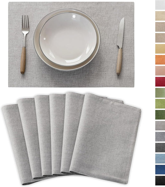Demetex Gray Placemats Set of 6 Linen Heat Resistant Plate Mats Washable Place Mats for Buffet Dinner Party Decorations, 13 x 19 inches, Light Grey