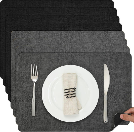 Myir JUN Dual Sided Placemats, Faux Leather Set of 8 for Dining Table, Non-Slip Washable Heat Resistant Indoor Outdoor Table Mats (Gray Black)