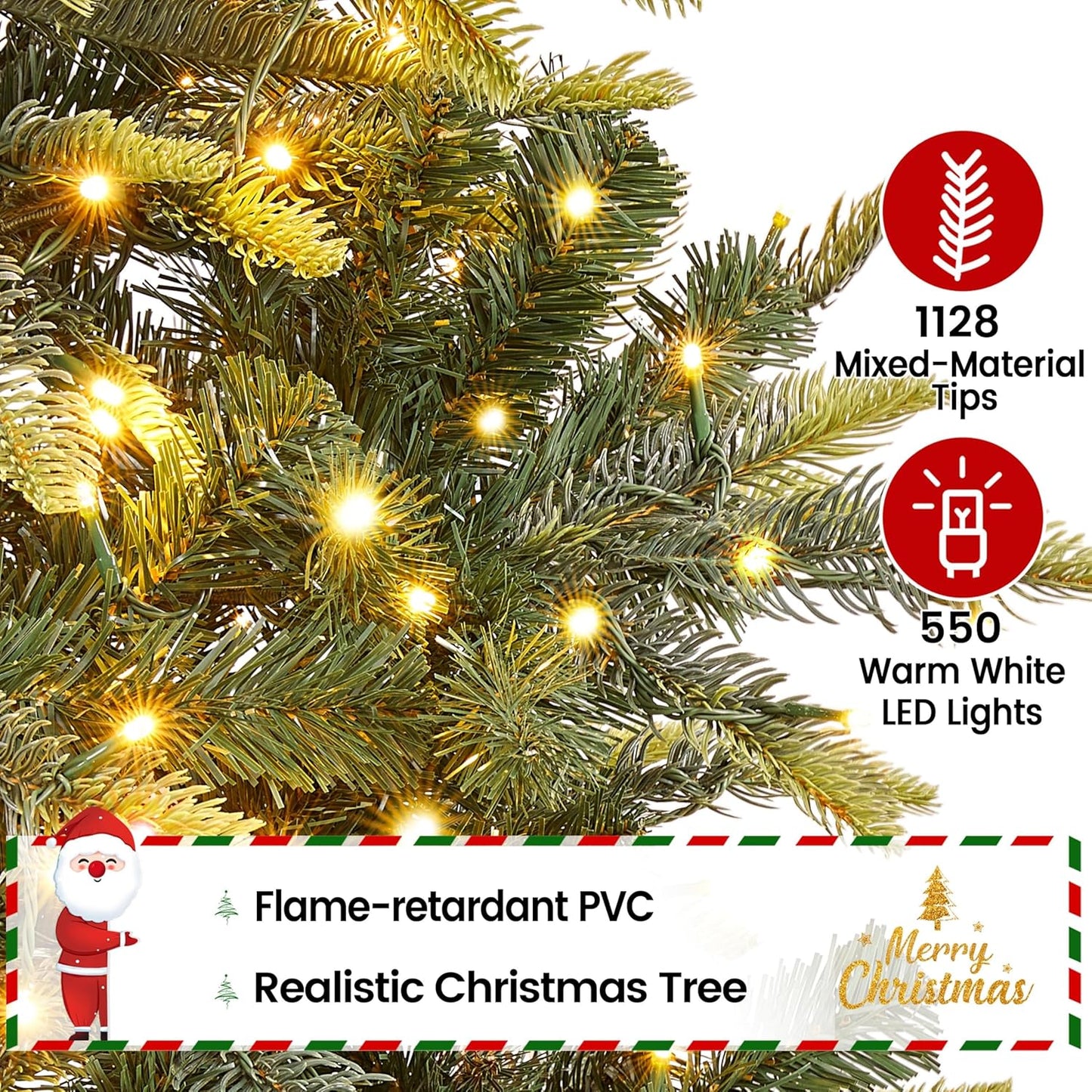 Yaheetech 7.5ft Pre-lit Aspen Fir Artificial Christmas Tree with 550 Incandescent Warm Lights Full Prelighted Xmas Tree w/1128 Branch Tips & Foldable Stand for Home Holiday Decor, Green