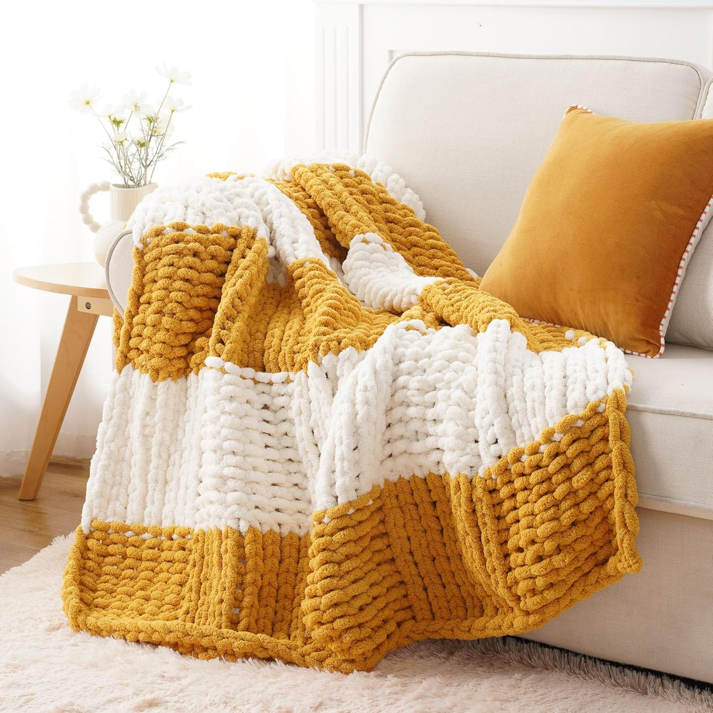 Battilo Chunky Knit Throw Blanket, Soft and Thick Chenille Throw Blanket, 50"x60" Handmade Cable Knit Crochet Blanket, Large Rope Knot Throw Blankets for Couch Sofa Bed Home Decor, Yellow & White