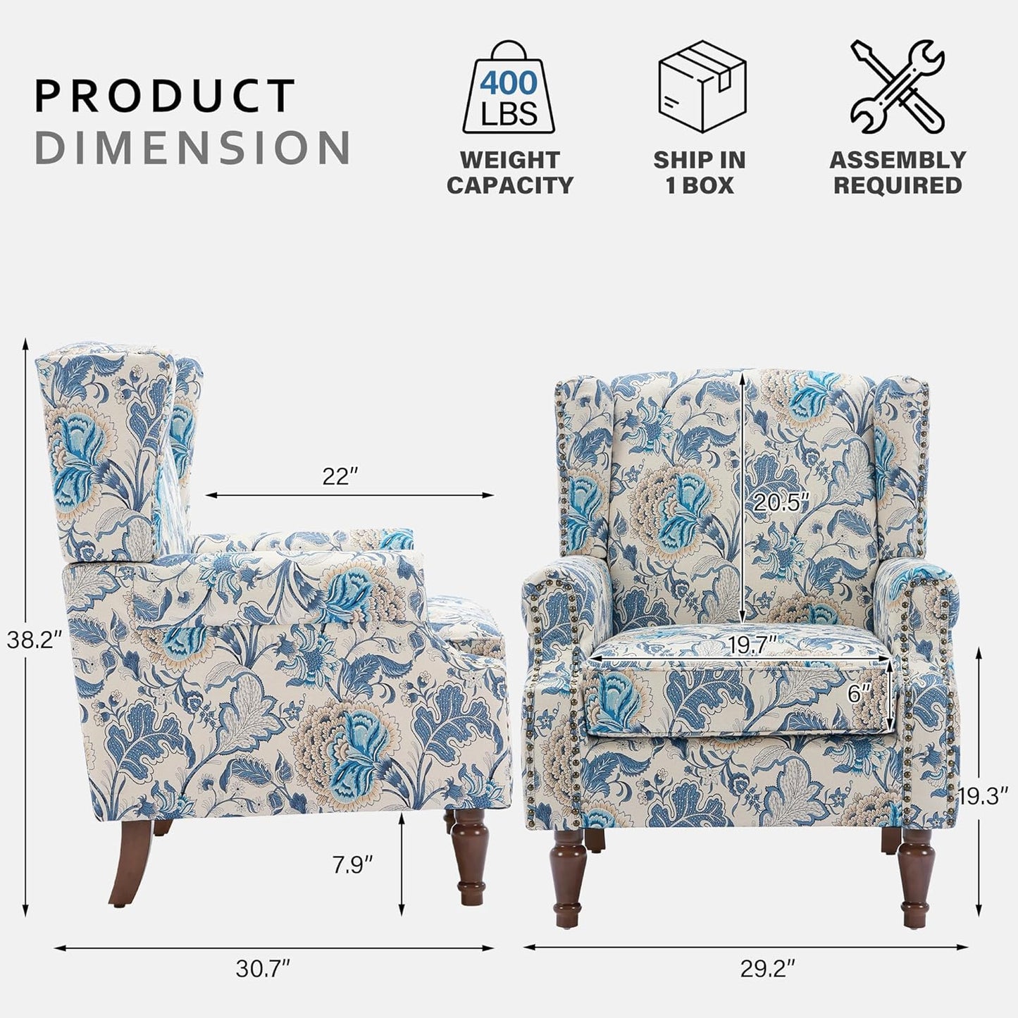 Lumibee Wingback Accent Chair, 2 Set High Back Floral Armchairs in Fabric,Comfy Upholstered Reading Single Sofa Chairs with Solid Wood Legs for Living Room,Bedroom,Office-Boho Blue