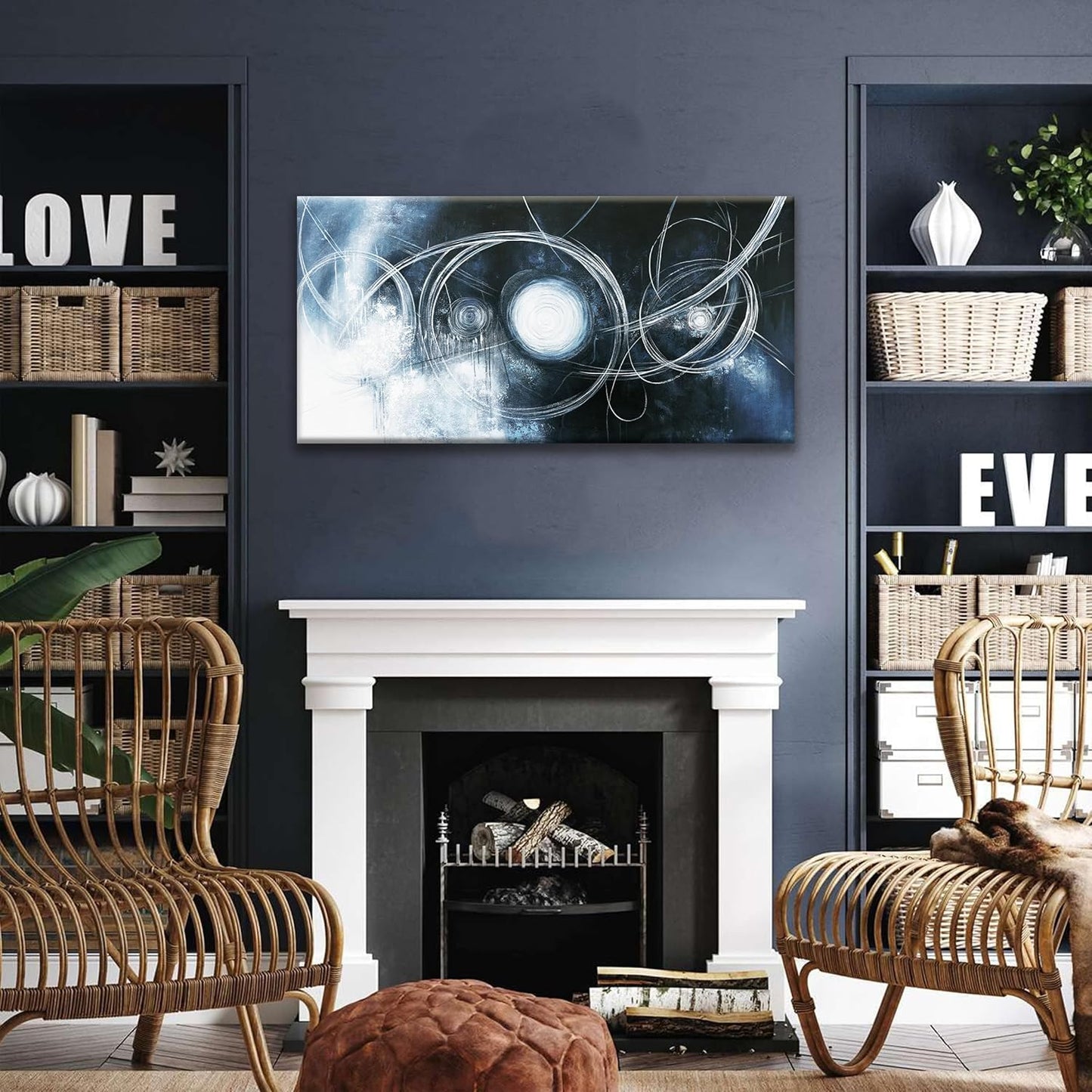 TAIJXAGSG Canvas Wall Art Decor Artwork Modern Paintings Dark Blue Wall Decorations Maximalist White Line Abstract Wall Art Prints For Wall Bedroom Kitchen Office Artwork Ready To Hang 20"×40"