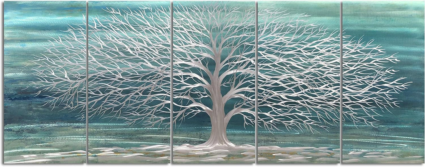 Yihui Arts Large Metal Wall Art Handcrafted Aesthetic Tree Pictures on Aluminum 5 Panels Teal and Silver Abstract Landscpae Artwork for Living Room Bedroom Dinning Decor