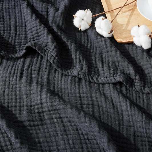 EMME Cotton Muslin Twin Blanket Breathable Gauze Blanket Soft Lightweight Blankets Adults Gifts for Women (Black, 60"x80")