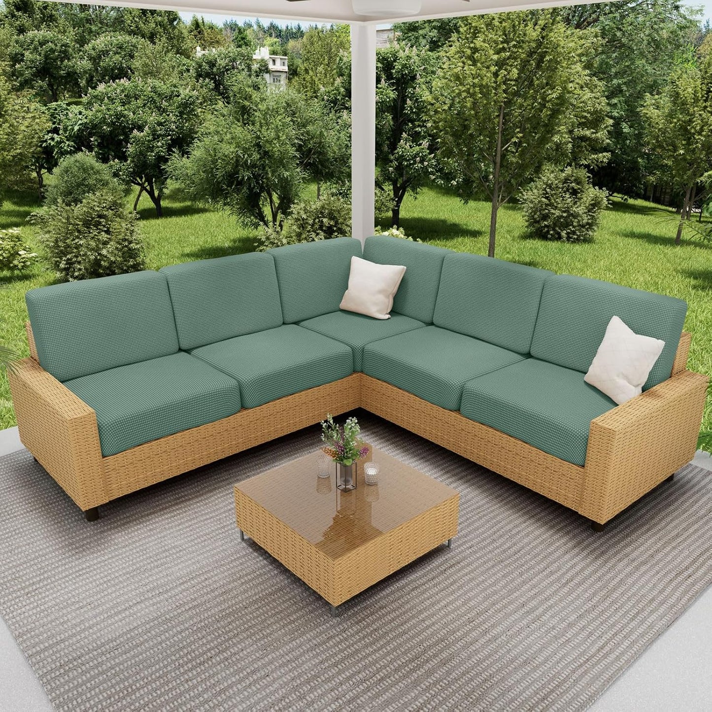 hyha Waterproof Sectional Couch Covers, Non Slip Sofa Couch Cushion Covers L Shape, Thick Stretch Jacquard Fabric, Washable Sofa Slipcovers with Elastic Bottom (1 Piece for Chaise XL, Green)