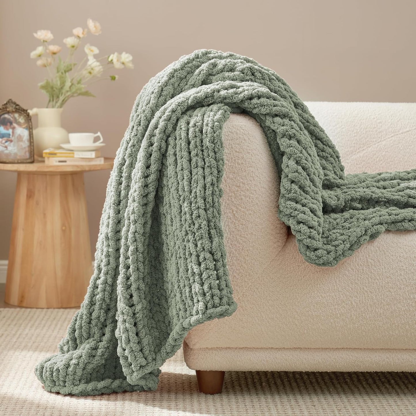 Amélie Home Chunky Knit Throw Blanket for Couch, Soft Chenille Crochet Blanket for Sofa, 50"x60", Sage Green