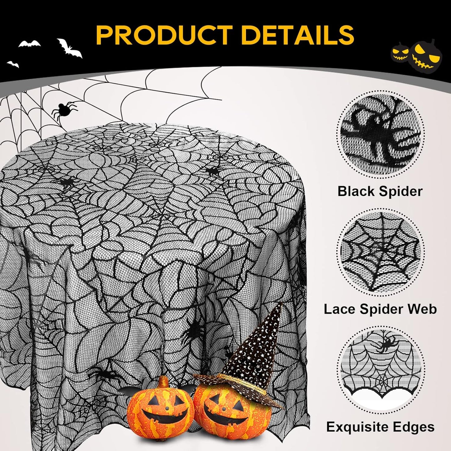 eZAKKA Round Halloween Tablecloth, 70 Inch Spider Webs Tablecloths Black Tablecloth Lace Fabric Table Cloths Spooky Table Cover for Parties Gothic Halloween Home Decorations