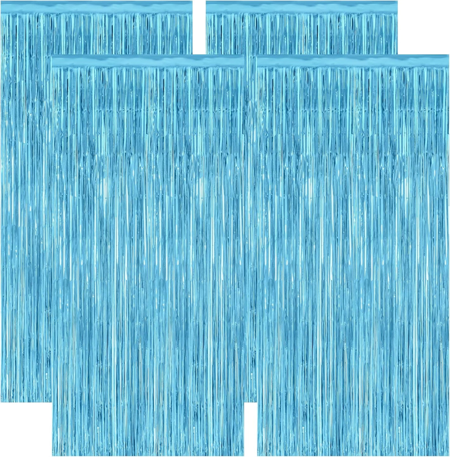 4 Pack Party Decorations, 3.28 FT x 7.05 FT Blue Foil Streamers, Metallic Sky Blue Backdrop Fringe Curtains Bithday Back Drop, Winter Backdrop for Party Supplies Door Decor Hanging