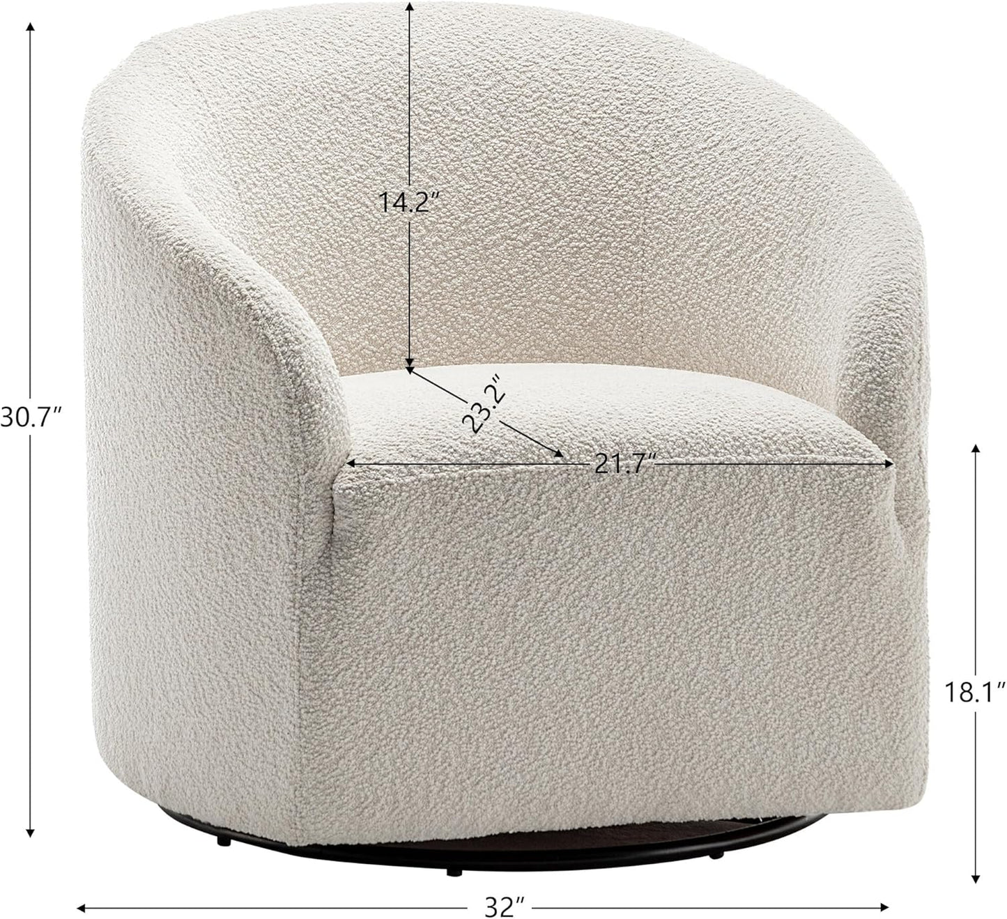 KINWELL 32" Wide Modern Boucle Swivel Barrel Chair, No Assembly Round Upholstered Swivel Accent Armchair for Living Room, Bedroom, Office (White)