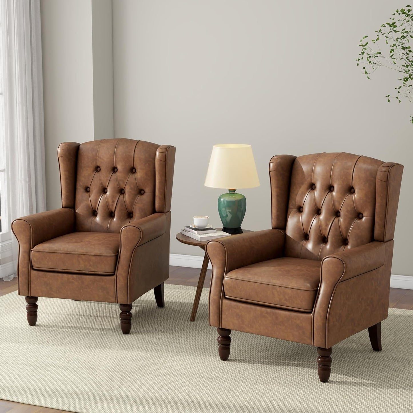 Accent Chair, Upholstered Armchair with Button Tufted High Back & Solid Wood Legs, Comfy Wingback Reading Single Sofa Chair for Small Spaces, Living Room, Bedroom (Leather Brown, Set of 2)