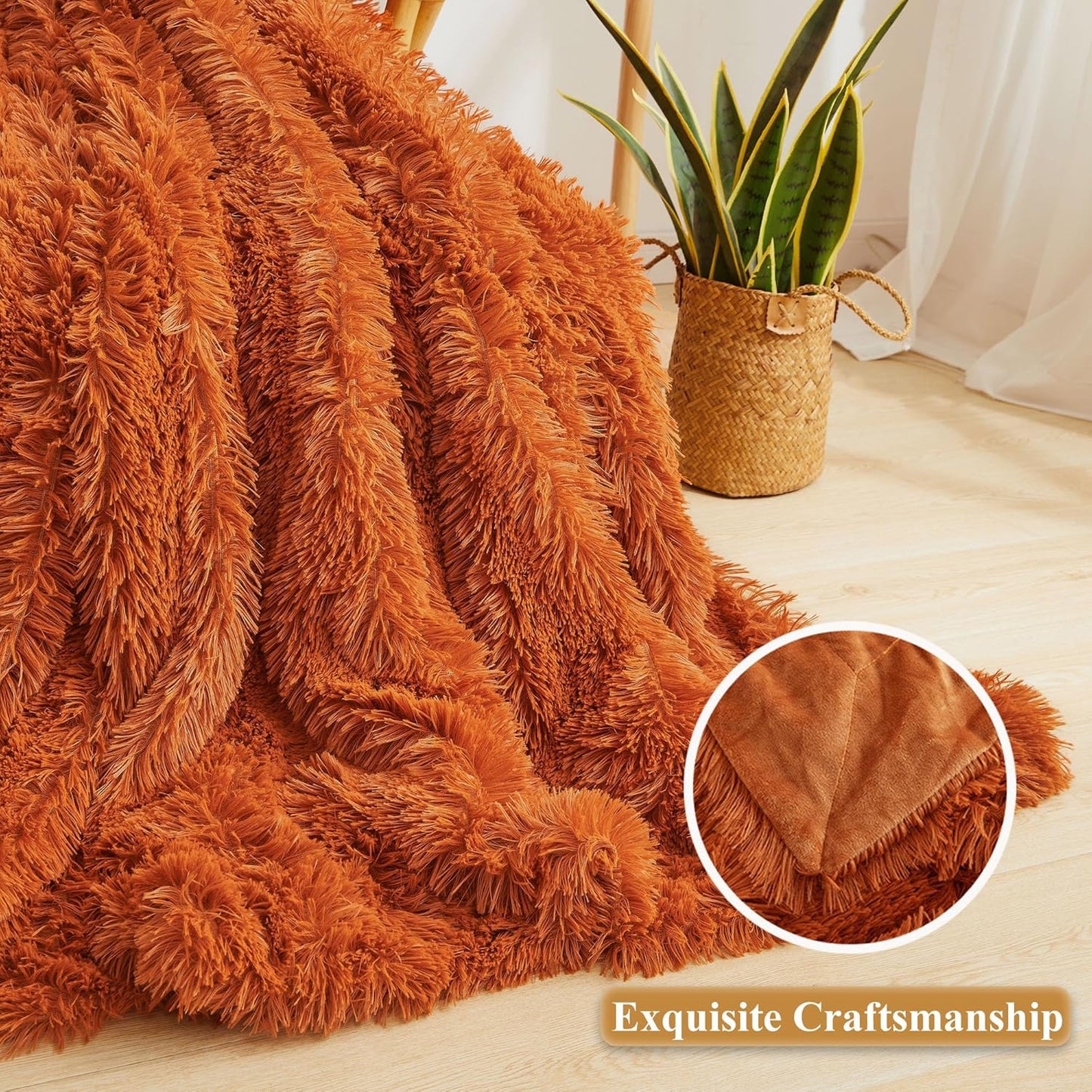 XeGe Luxury Faux Fur Blanket, Burnt Orange Soft Fluffy Bed Throw, Shaggy Plush Big Decorative Couch Throw, Cute Furry Fuzzy Blanket for Sofa Bed, Burnt Orange, 60x90