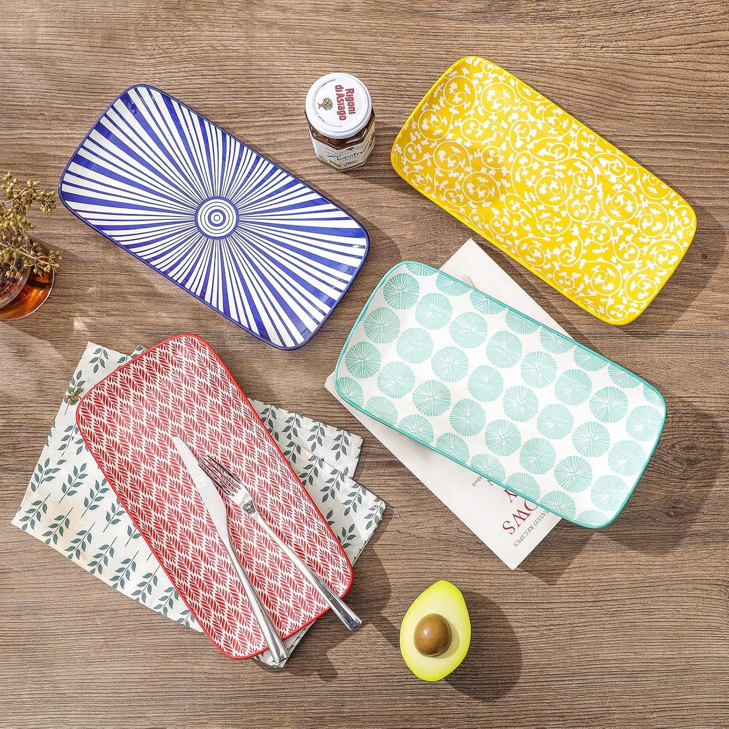 Selamica Ceramic Rectangular Serving Platters Set of 4, 12 Inch Serving Trays/Dishes for Party Entertaining, Rectangular Dinner Plates for Appetizer Salad Dessert Sushi, Assorted Colors