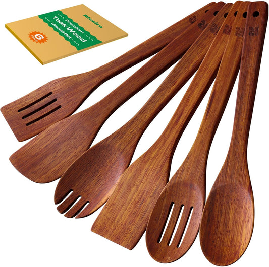 Riveira Teak Wooden Spoons for Cooking Set of 6 – Natural Teak Wooden Cooking Utensils, Wooden Spatula, Wooden Spoon - Premium Quality Wooden Utensil Set for Non-Toxic Cooking