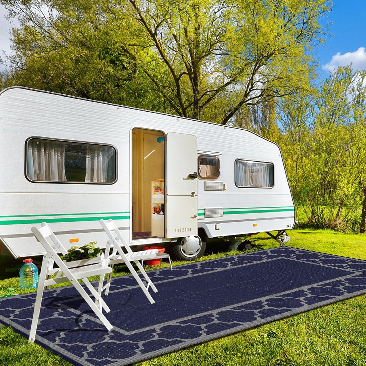 GENIMO 10 'x20 ' Outdoor Rug for Patio Clearance, Waterproof Indoor Outdoor Plastic Straw Rugs Carpet, Reversible Outside Area Rv Mat for Camping, Balcony Porch, Deck, Picnic, Beach (Blue & Grey)