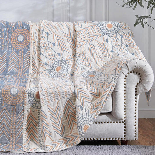 jinchan Boho 100% Cotton Muslin Queen Size 80x90 Throw Blanket Lightweight 4-Layer Orange Reversible Blanket Washable Breathable Geometric Striped Pattern Soft Comfy for Couch Bed Decor All Seasons