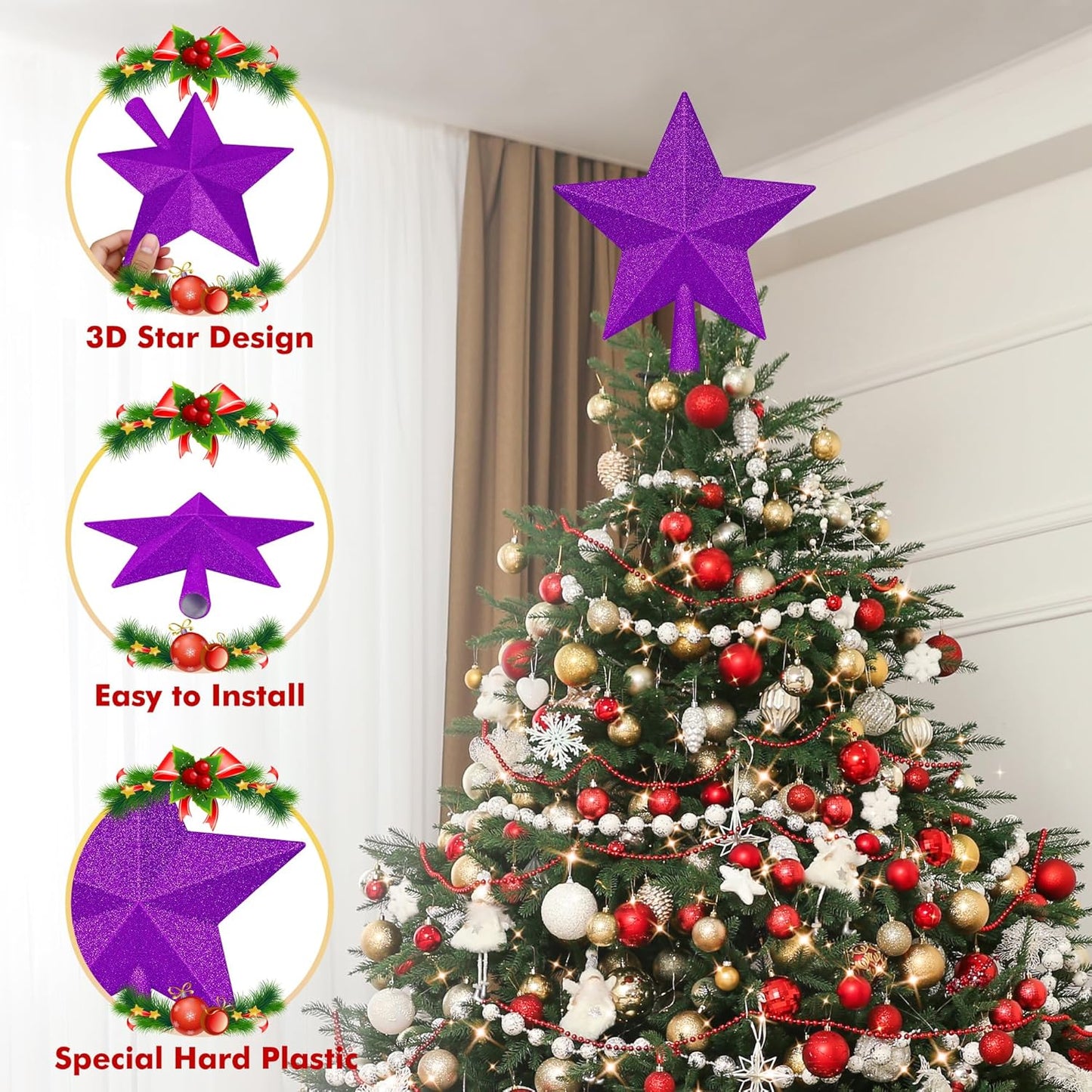 Christmas Tree Ornament, 10" Purple Star Christmas Tree Topper Decorations, Large Xmas Glitter 3D Bethlehem Tree Ornament, Waterproof Holiday Christmas Tree Topper Star Decor for Home Indoor Outdoor