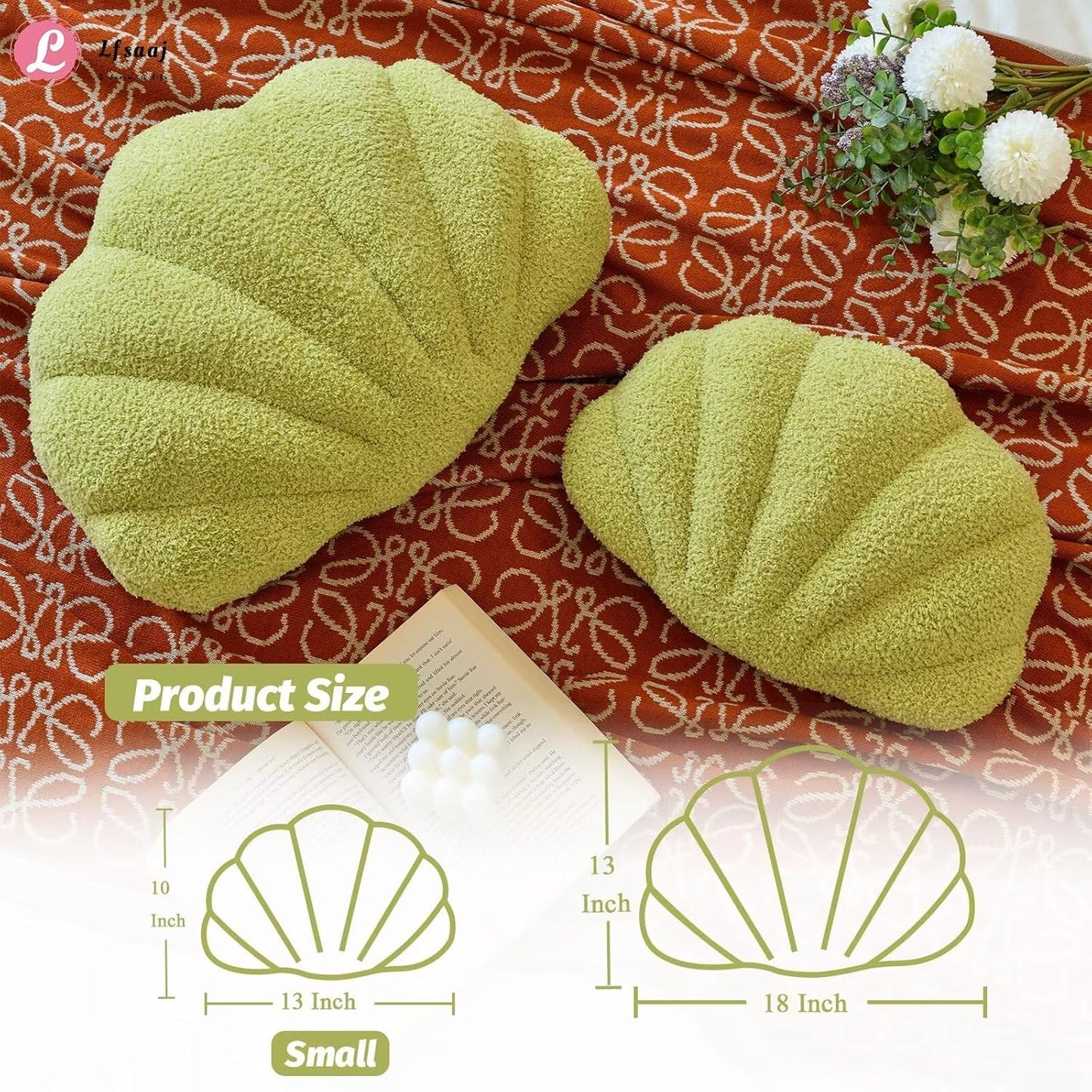 Green Seashell Throw Pillows, Shell Shaped Throw Pillows, 13 Inch Soft Home Decorative Pillow Plush Cushion for Bed Couch Living Sofa Room Decor Accent Throw Pillow