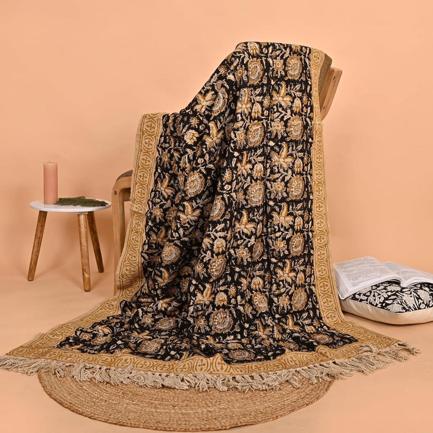 Bohemian Floral Cotton Throw Blanket with Tassels | 48x70 Inch Handblock Printed Sofa Throw | Black & Gold Decorative Bed Cover | Lightweight Couch Throw for Living Room & Bedroom