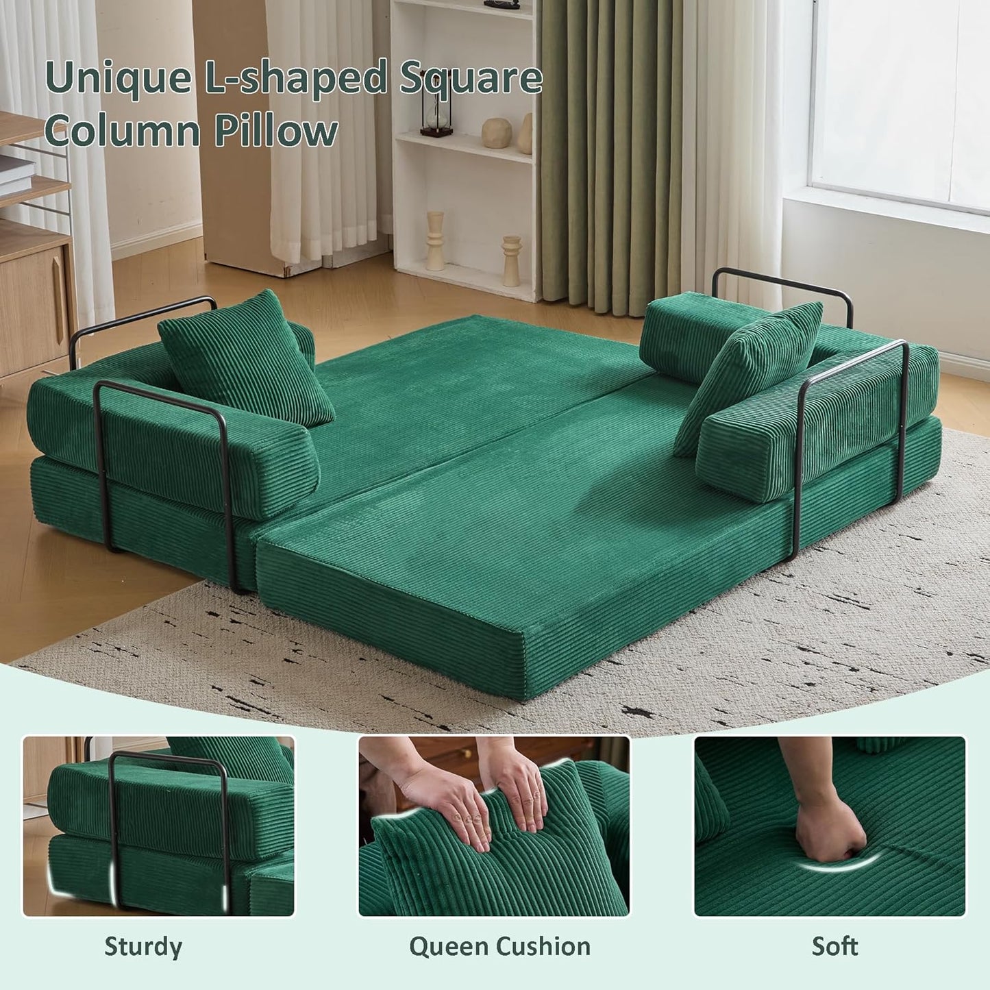 Convertible Sleeper Sofa Bed, Compression Folding Sofa with Pillow, No Assembly Required, Shape Frame, Floor Sofas Lounge Couch for Living Room, Bedroom, Small Spaces(Corduroy, 77''W, Dark Green)