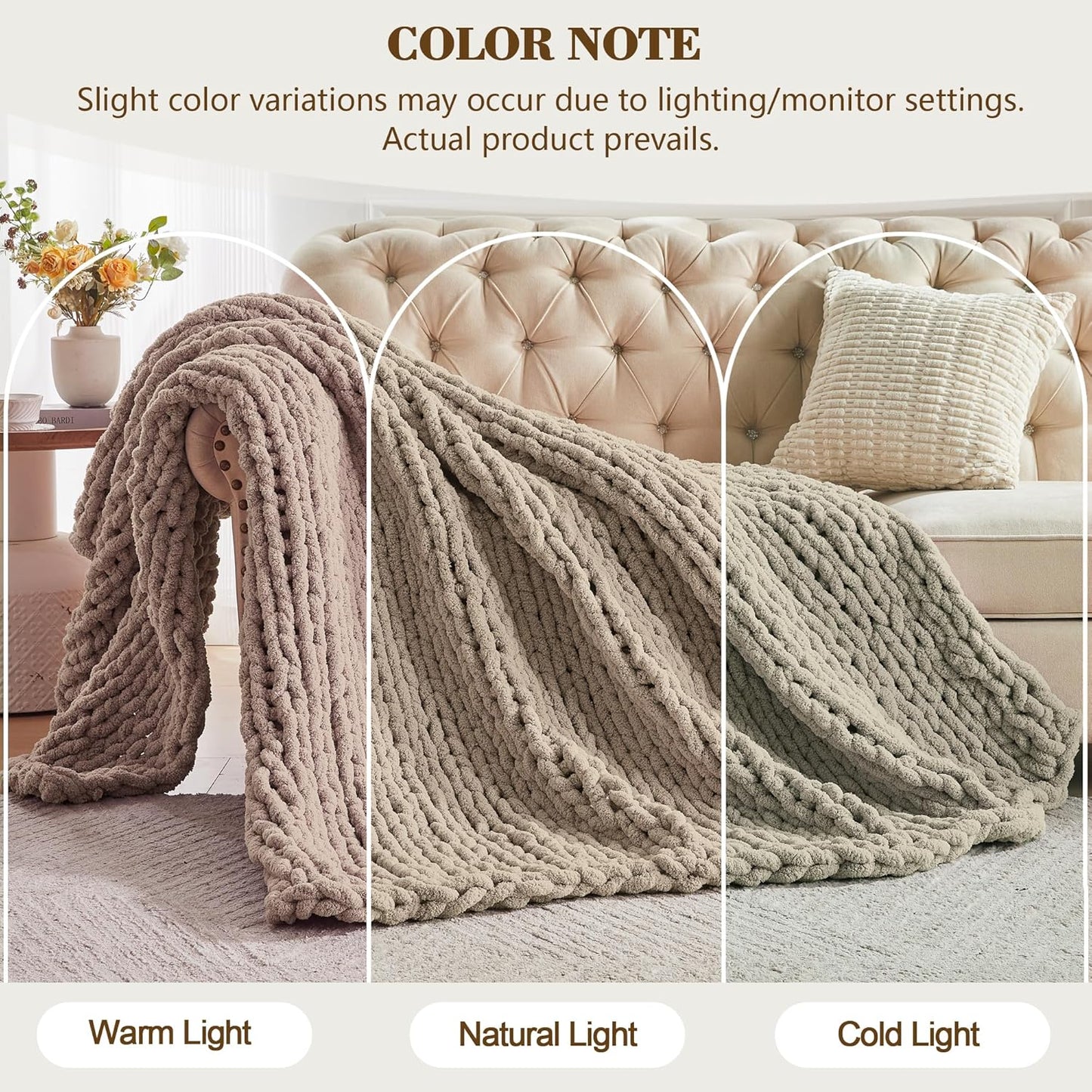 Carriediosa Chunky Knit Throw Blanket 60" X 80" Twin, 100% Hand Made Large Chenille Loop Yarn Soft Fluffy Throws for Couch Sofa Bed, Big Crochet Cozy Heavy Thick Cable Woven Blankets, Taupe