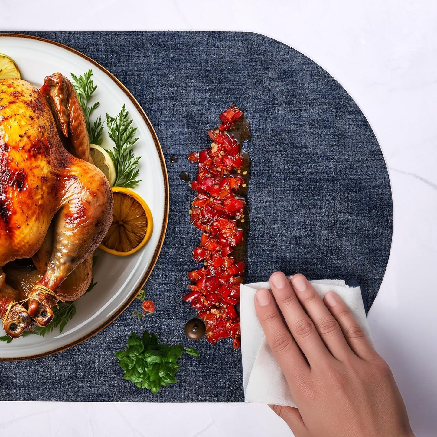 DOLOPL Large Placemats Set of 6, Oval Reversible Wipeable & Non-Slip Place Mats, Modern Faux Leather Table Mats for Kitchen, Neutral Tablemats for Dining Table Decor, Wedding, Party(Navy Blue)