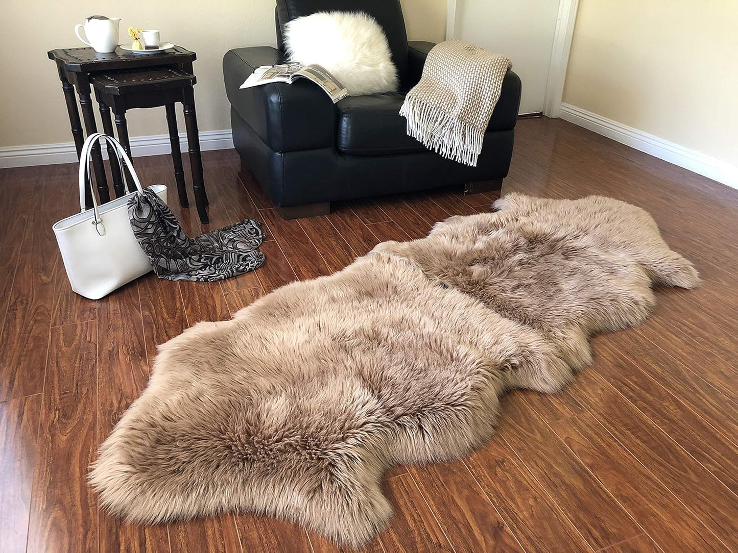 LAMBZY Faux Sheepskin Hypoallergenic Free Shape Silky Shag Rug, Luxury Shaggy Silky Plush Carpet for Bedrooms Rugs Living Room Kids Rooms Sofa Floor Rugs (Double 2'x6', 60x180cm Camel)