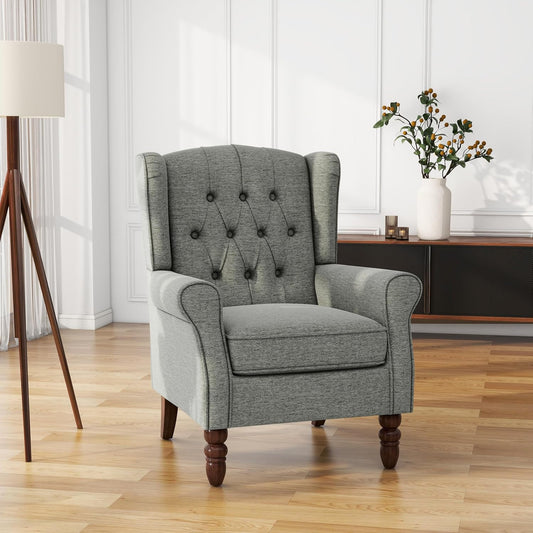 UIXE High Back Accent Chair, Fabric Upholstered Armchair for Living Room, Retro Wingback Arm Chair Comfy Single Sofa Bedroom Reading Seat with Solid Wooden Legs - Gray