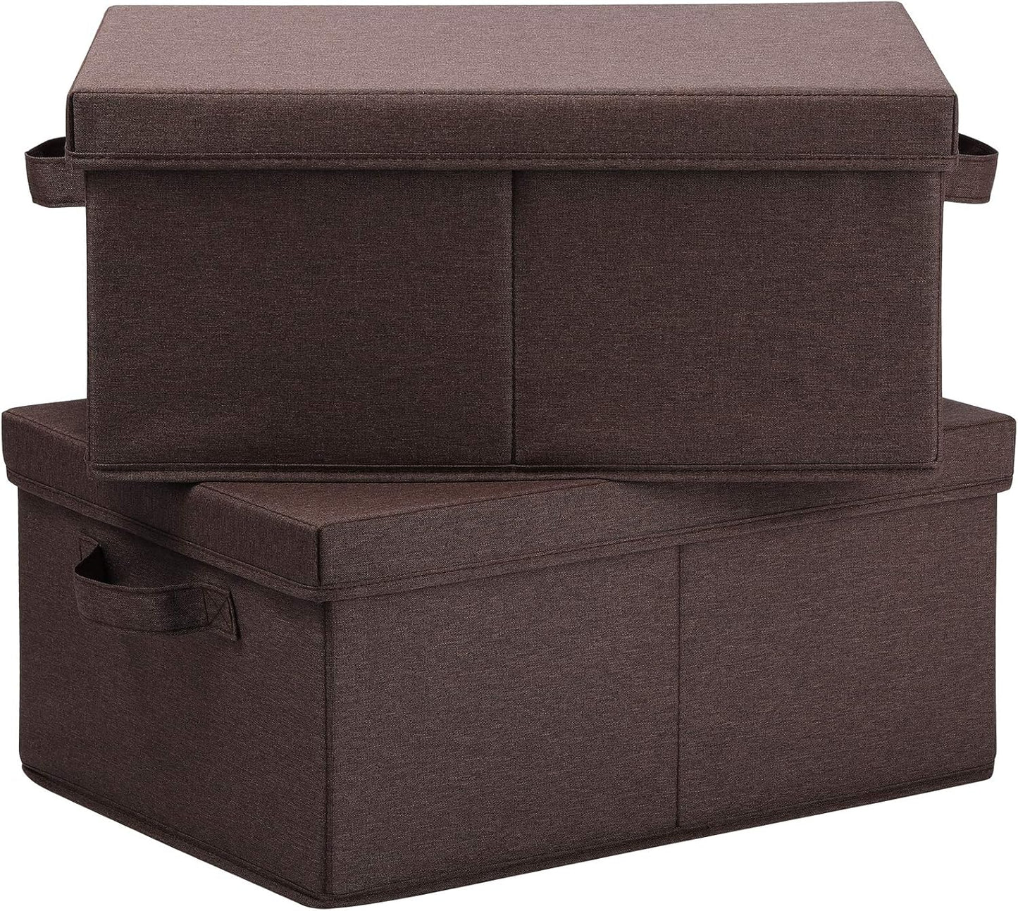 HOONEX Linen Foldable Storage Bins with Lids, 2 Pack, Storage Boxes with Carrying Handles and Sturdy Heavy Cardboard, 16.5" L x 11.8" W x 7.5" H for Shoes, Clothes, Brown