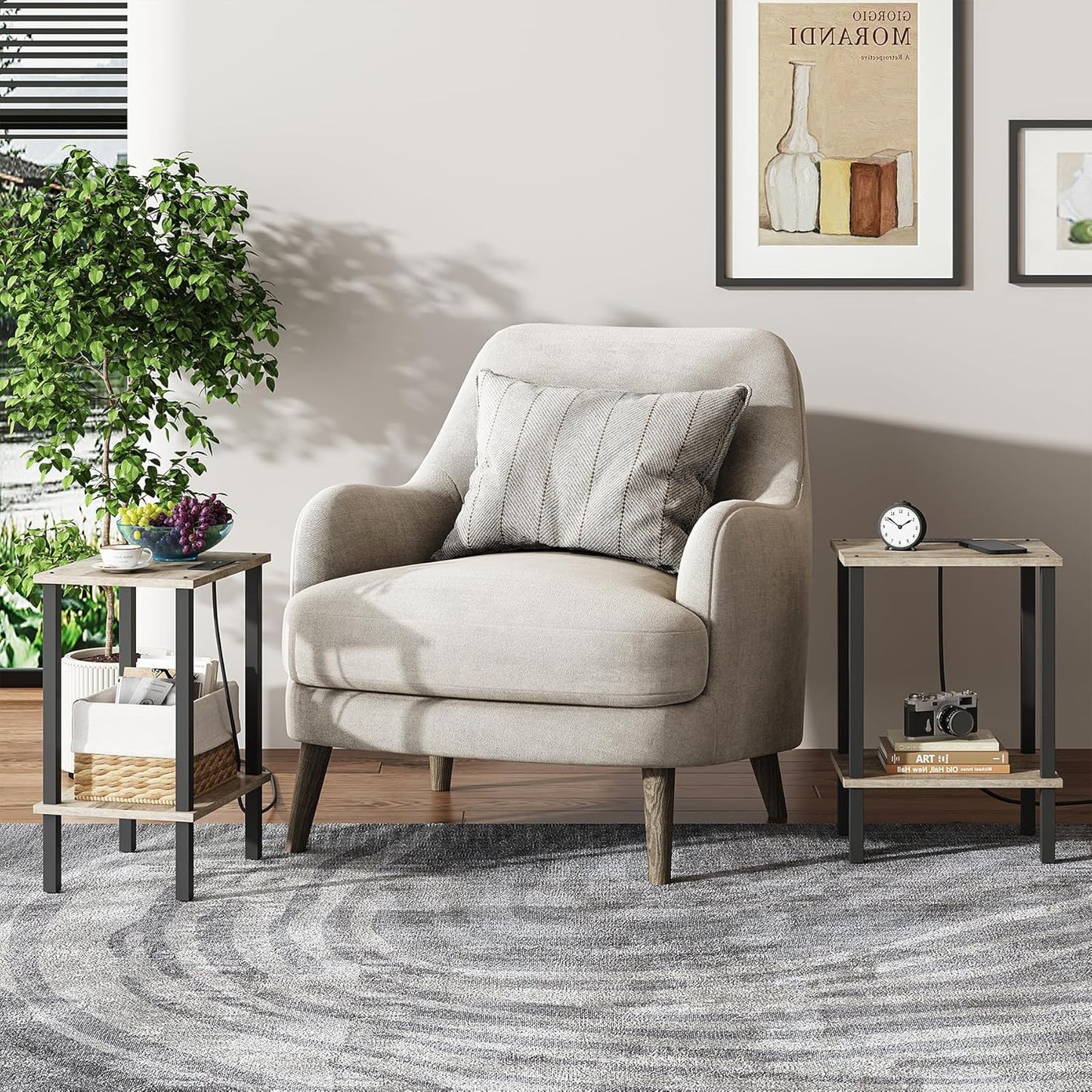 TUTOTAK End Table with Charging Station, Set of 2, Small Side Table, Nightstand Bedside Table, 2-Tier Storage Shelf for Small Space, Living Room, Bedroom Greige V1TB01BG041