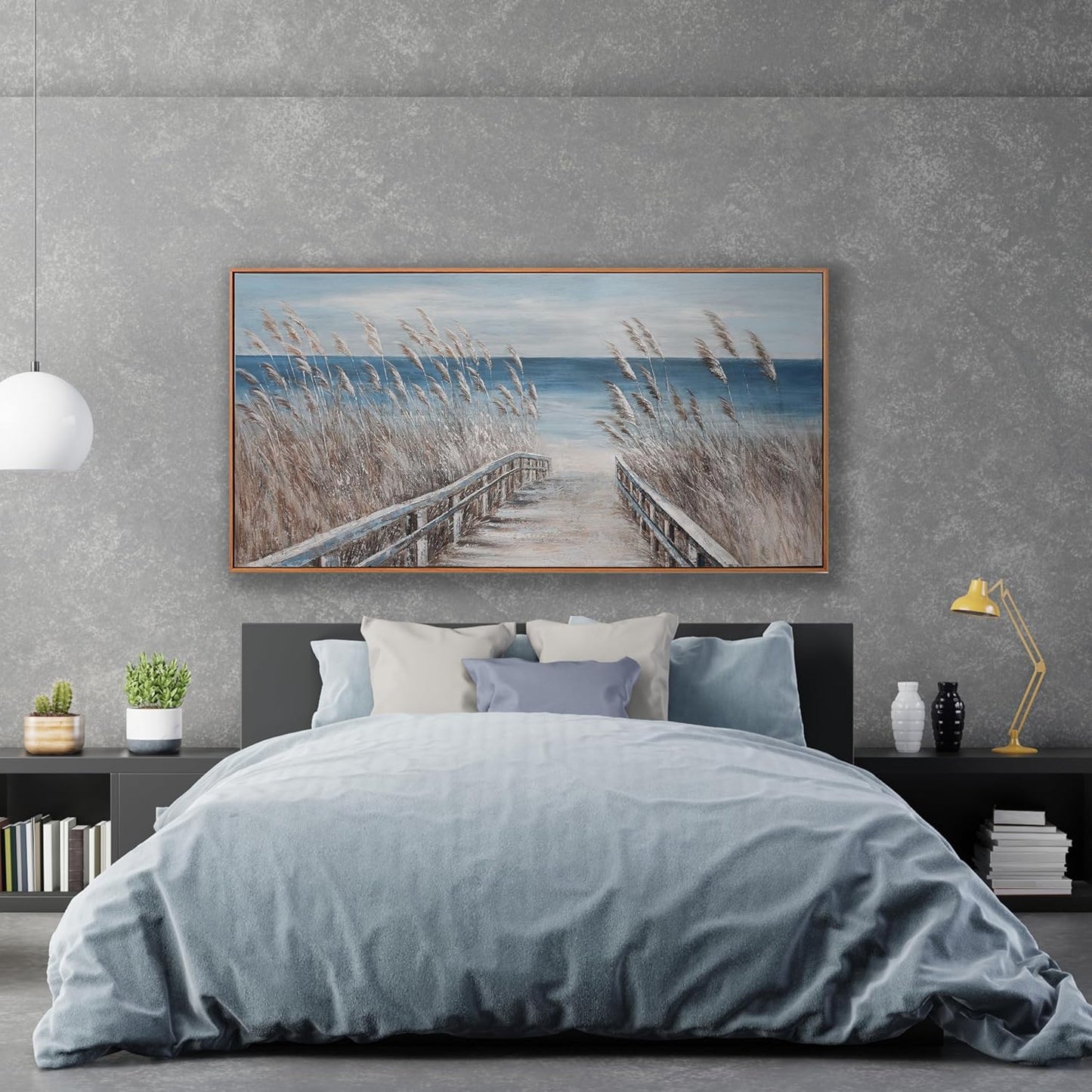 Framed Wall Art Scene Decor Canvas Print Painting Picture Artwork Framed Reed And Blue Coast Landscape Large Size For Living Room Bedroom Living Room And Office Wall Decor 29"X58"