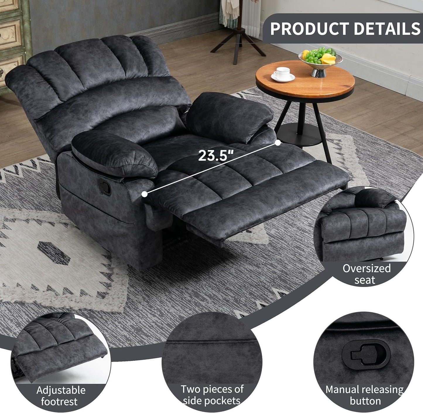 Luxlen Large Manual Recliner Chair,Soft Fabric Push Back Recliner with Overstuffed Armrest and Backrest, Living Room Single Sofa Recliners,Grey