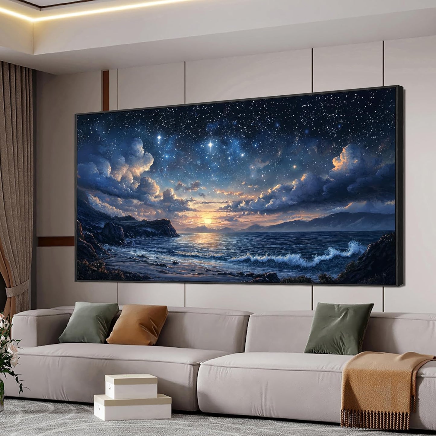Canvas Wall Art Large Framed Wall Art Prints Modern Pictures for Living Room Landscape Coastal Wall Art Decorations Canvas Art Wall Decor Star Night Artwork for Walls Bedroom Office Decor 29"x58"