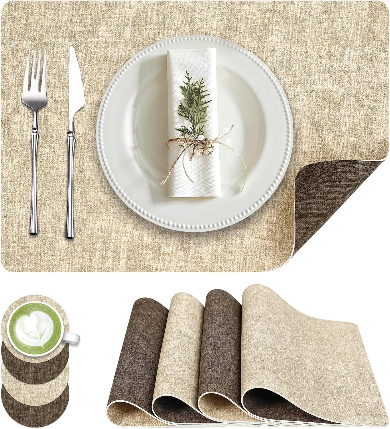 Faux Leather Dual Sided Placemats Set of 4, Square Non-Slip Heat Resistant Placemats with Coaster, Reversible wipeable Waterproof Table Mats for Kitchen, Dining, Outdoor (4, Beige Dark Coffee)