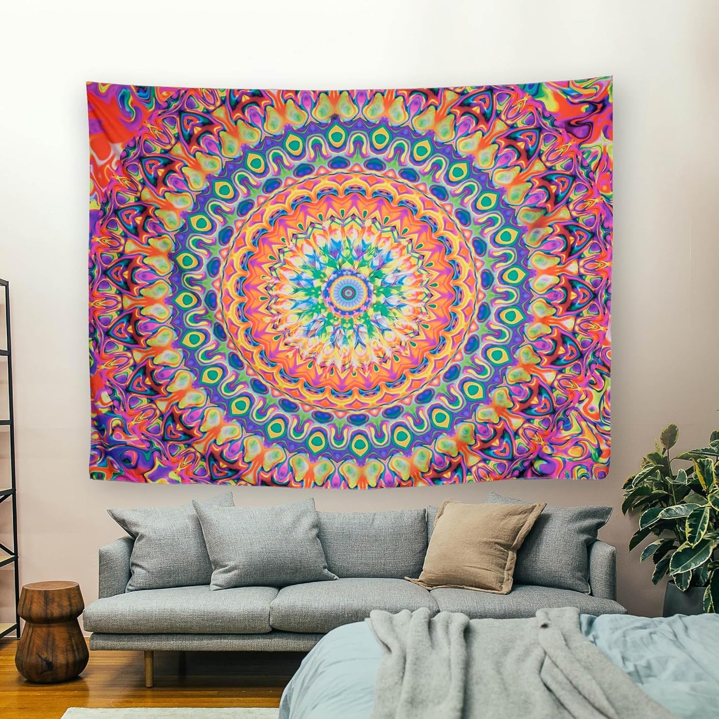OSVINO Blacklight Colorful Mandala Tapestry 79"x59" Kaleidoscopic Trippy Room Decor Black Light Poster Bohemian Wall Decor for Bedroom Backdrop Decor
