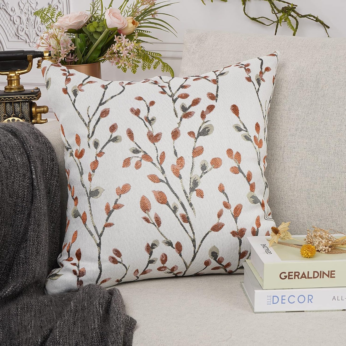 YOUR SMILE Classical Embroidery Jacquard Orange Square Decorative Throw Pillow Case Cushion Cover 18x18 inch