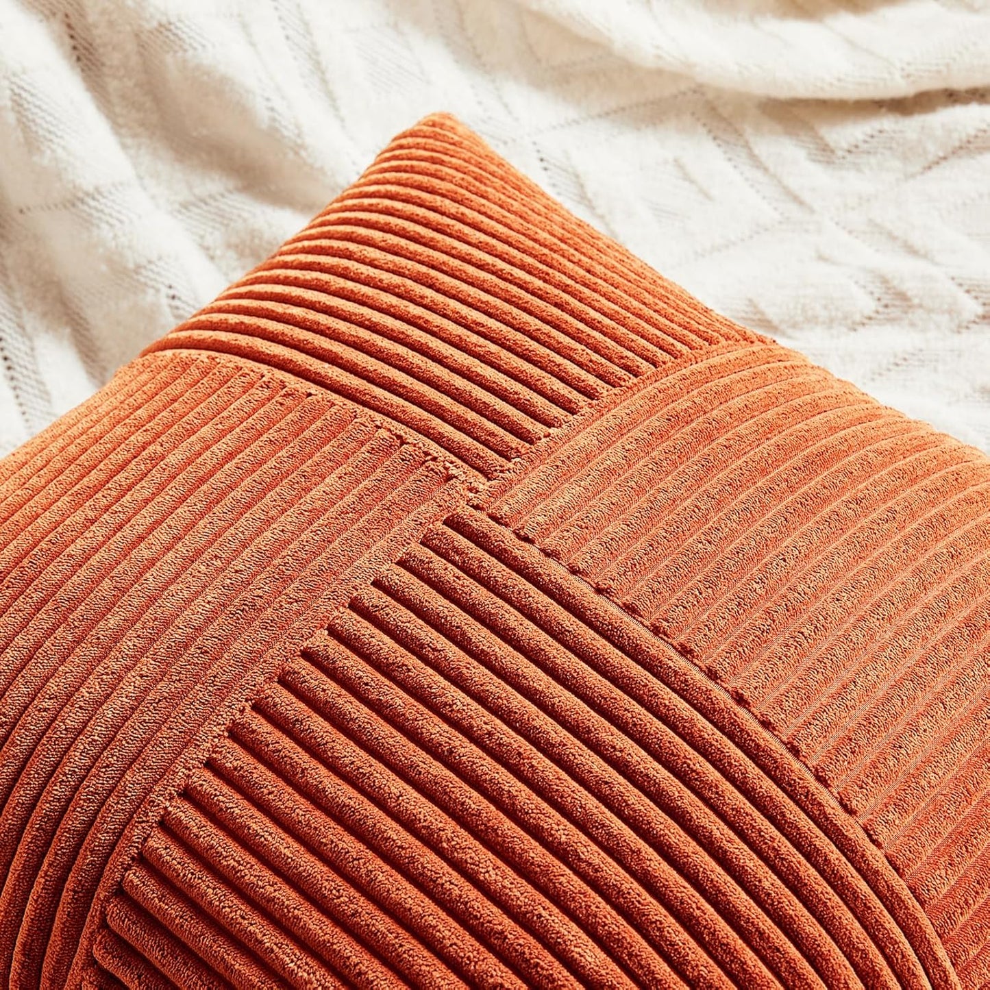 Fancy Homi Set of 2 Burnt Orange Decorative Throw Pillow Covers 22x22 Inch for Living Room Couch Bed, Boho Farmhouse Fall Home Decor, Soft Corss Corduroy Patchwork Textured Cushion Case 55x55 cm