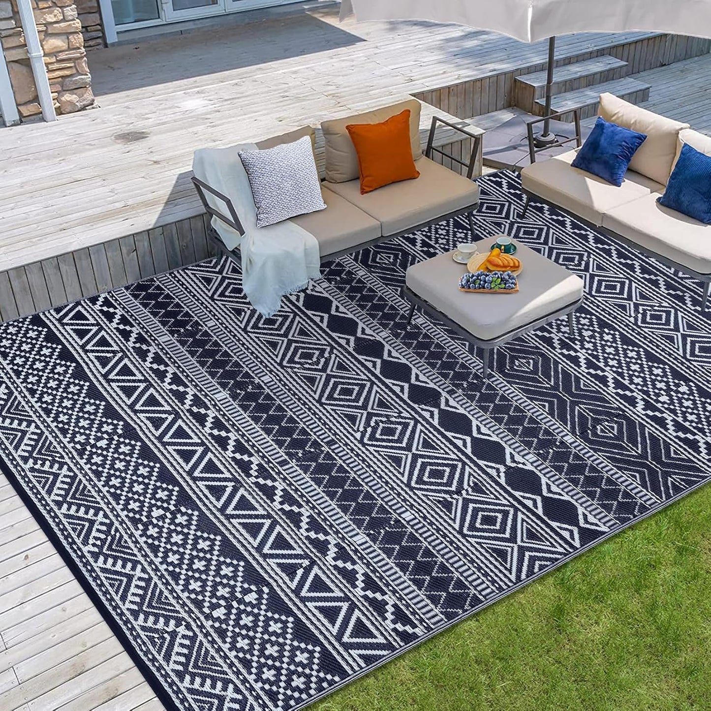 GAOMON Reversible Outdoor Rug 9'x18' Waterproof Plastic Straw Rug, Patio Rug, Large Modern Area Rug Carpet, Indoor Outdoor Rugs for Camping, Porch, Deck, Balcony, Backyard, Dark Blue/White(Bohemia)
