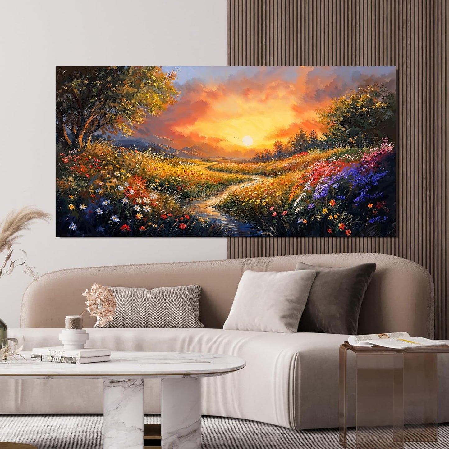 Canvas Wall Art Decor Oversized Wall Art Pictures for Living Room Large Vintage Landscape Wall Art Prints Canvas Art Wall Decor Wildflower River Artwork for Walls Bedroom Home Wall Art Decor 29" X 58"