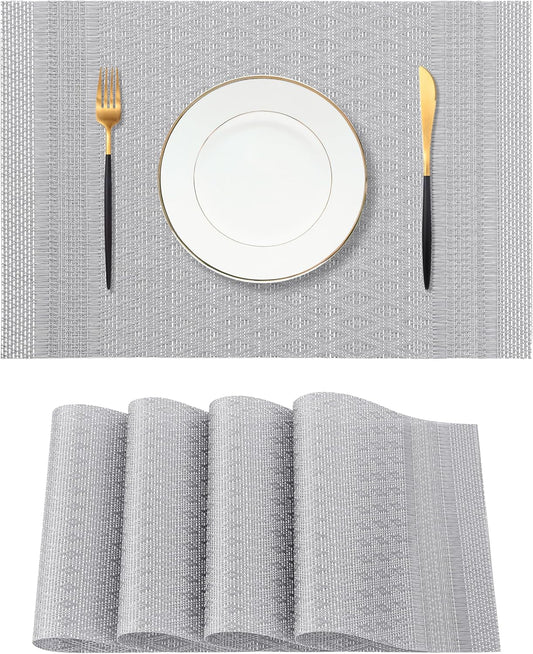 Leetaltree Lunar Grey Placemats Set of 4 - Heat Resistant Non-Slip Place mats for Dining Table, Washable Durable PVC Vinyl Woven Table Mats（Lunar Grey, 4）