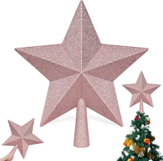 Christmas Tree Top Ornament, 10" Rose Gold Christmas Star Tree Topper, Large Xmas Glitter 3D Bethlehem Tree Topper Ornament, Waterproof Holiday Christmas Tree Topper Star for Home Indoor Outdoor