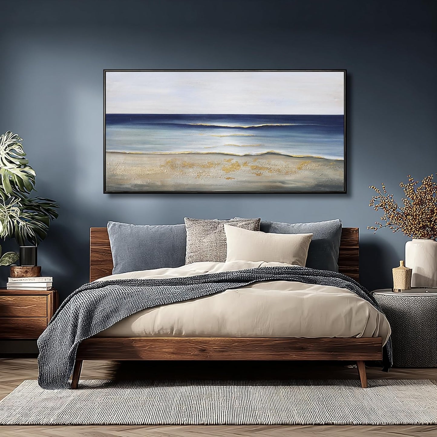 Yuaxker Ocean Wall Art Blue and White Wall Decor Framed Aesthetic Artwork Wall Hanging Canvas Painting for Living Room Bedroom Dining Room Office Home Decor 24x48 Inch