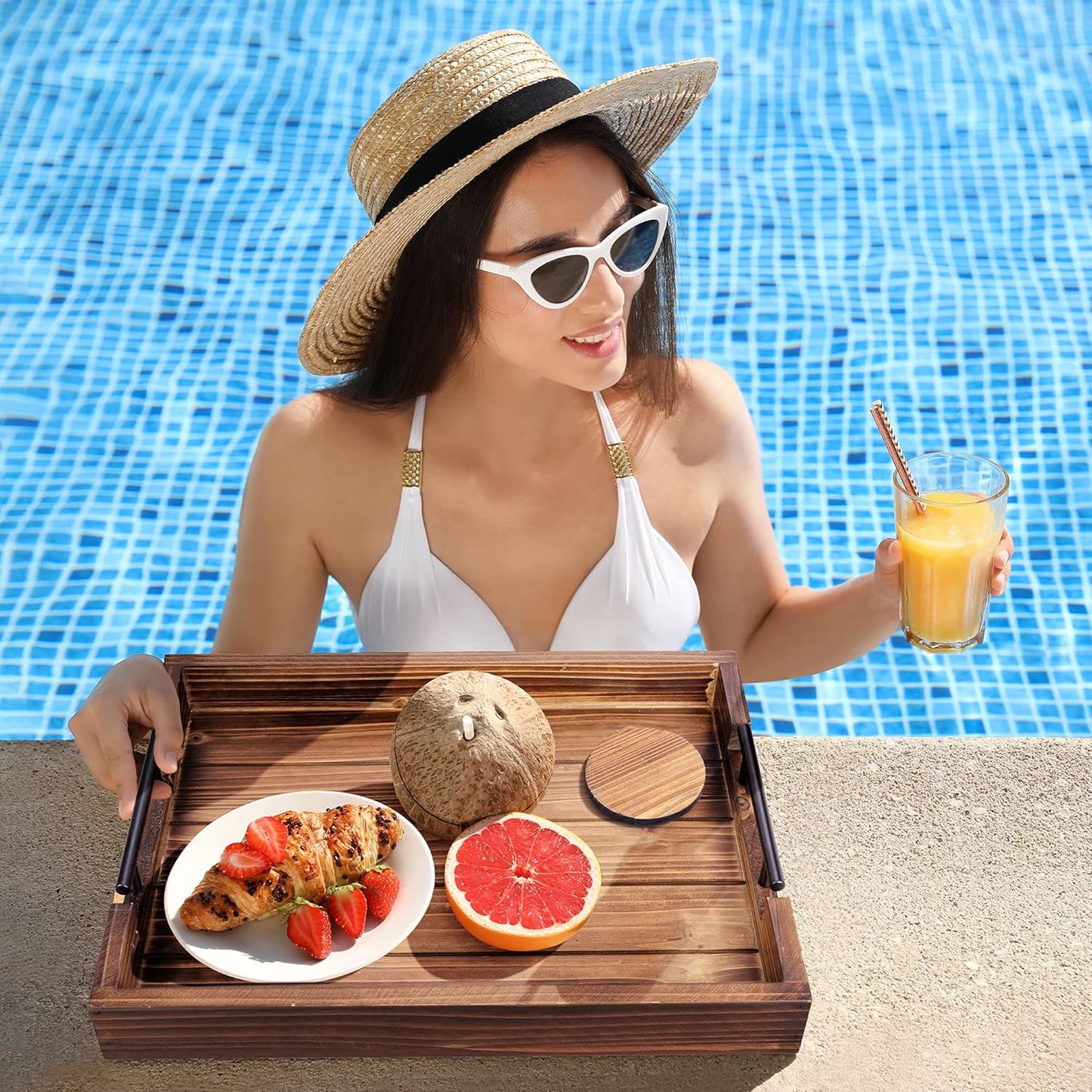 Ottoman Tray | Decorative Coffee Table Tray with Handles - Wooden, 17x13 Inch - Includes 4 Coasters - Ideal for Ottoman, Breakfast