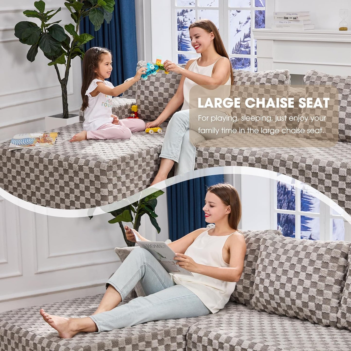 Hobestluk 96” Modular Sectional Sofa Couches L-Shape Couch 3 Seat Modular Sofa Memory Foam Sectional Couches for Living Room, Cloud Couch with Oversized Chaise (Grey, Checked (Left Facing Chaise))